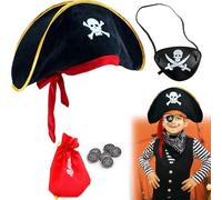 BeoTnp Pirate Hat, Pirate Costume Accessories, 3Pcs Set include Eye Patch and Money Bag, Halloween Pirates Dress Up, Pirates Party Supplies, ideal for Kids and Adults Cosplay