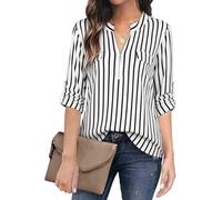 BEPEI Womens Floral 3/4 Sleeve Shirts Zip up V Neck Work Chiffon Blouses Top, Black White Stripe, XXL
