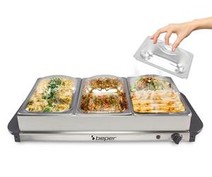 BEPER P101TEM002 Buffet Warmer, Food Warmer, 4 Removable Trays + Hot Plate Base, Adjustable Thermostat and Heat Insulating Handles, Dishwasher Safe, Ideal for Parties