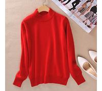 BEQUAH Woolen Sweater Cashmere Cotton Blend Half Turtleneck Women Pullover Autumn Winter Jumper Daily Wear Basic Warm Knitted Sweater Pull Femme-Red,Xxl
