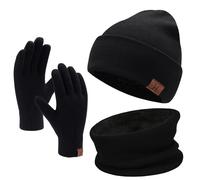 Bequemer Laden Men Women Winter Warm Beanie Hat Scarf Touchscreen Work Gloves Knit Set Neck Warmer with Fleece Gifts for Men and Women Black