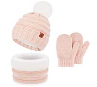 Bequemer Laden Toddler Kids Winter Warm Knit Beanie Hat Neck Warmer Scarf Gloves Set with Pompom Gifts for 2 3 4 5 6 Years Old Girls Boys