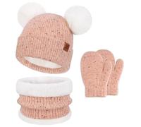 Bequemer Laden Toddlers Infants Kids Winter Hats Thermal Gloves Scarf Set Pom Pom Beanie Mittens Neck Warmer with Fleece Lined Gifts for 0-4 Years Old Baby Girls Boys