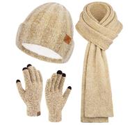 Bequemer Laden Women Winter Beanie Hat and Scarf Warm Touchscreen Gloves | Thick Thermal Driving Run Snow Ski Gloves for Cold Weather, Knit Beanies Hats Fleece Long Scarves Skull Caps Gifts for Women