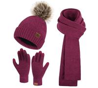 Bequemer Laden Womens Winter Beanie Hats Long Scarf Neck Touchscreen Gloves Set Knitted Pompom Cap with Thermal Fleece Lined, Rose Red