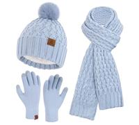 Bequemer Laden Womens Winter Hat Long Scarf Touch Screen Gloves Set Warm Beanie Hats Neck Warmer Knit Caps with Pom Fleece Lined Gifts for Women