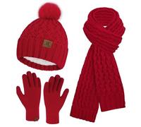 Bequemer Laden Womens Winter Hat Long Scarf Touch Screen Gloves Set Warm Beanie Hats Neck Warmer Knit Caps with Pom Fleece Lined Gifts for Women