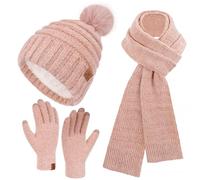 Bequemer Laden Womens Winter Hats Scarf Gloves Set, Warm Fleece Lined Beanie with Pom Poms Long Scarves Touchscreen Gloves for Women Cold Weather Gifts