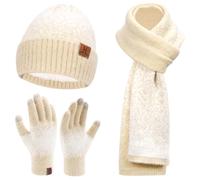 Bequemer Laden Womens Winter Knit Beanie Hats and Touchscreen Gloves Long Scarf Set with Warm Fleece Lined Skull Caps Gloves Scarves for Women Apricot White