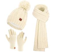 Bequemer Laden Womens Winter Warm Beanie Hat Touchscreen Gloves Long Scarf Set Ribbed Knit with Fleece Lined Pom Skull Caps Gifts for Women