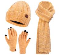 Bequemer Laden Womens Winter Warm Knit Beanie Hat Touchscreen Gloves Long Scarf Set with Fleece Lined Skull Cap Gloves Scarf for Women, Yellow