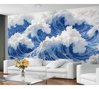 BEQUTIY 3D Carved Blue & White Wave Mural, Dynamic Ocean Wall Art, Bold Home Decor for Living Room & Bedroom Accent Wall 350x250cm (Not Self-Adhesive)