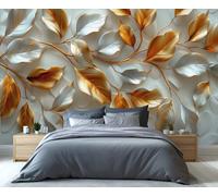BEQUTIY 3D Gold & Silver Leaf Branch Wall Mural, Elegant Textured Wall Decor for Living Room, Bedroom, Opulent Interior Design Feature Wall 100x100cm (Not Self-Adhesive)