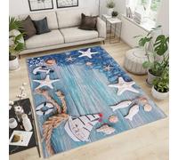 BEQUTIY 3D Rug Small Size 50X80Cm White Anchor Starfish Shells Hall Rug, Blue Ocean Element Pattern Carpet, Anti Slip Washable Floor Mats, For Living Room Indoor Outdoor Rugs
