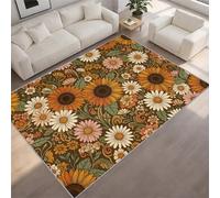 BEQUTIY 70s Retro Sunflower Rug for Living Room, Large Vintage Orange Floral Pattern Area Rug, Machine Made Low Pile Stain Resistant, Non-Slip & Washable Carpet for Cozy Home Decor （90 x 150 cm）