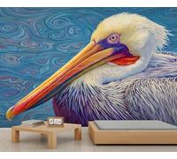 BEQUTIY Abstract Pelican Wall Mural, Vibrant Blue Swirls Art Wallpaper for Living Room, Unique Home Decor 200x140cm (Not Self-Adhesive)