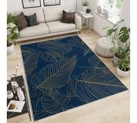 BEQUTIY Area Rug Large Size 120x170cm Dark Blue Plant Leaves Living Room Rug, Gold Leaf Outline Carpet, Printed Polyester Anti-Slip Carpet, Bedroom Living Room Decorations Floor Indoor Area Rugs