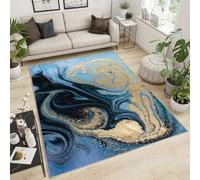 BEQUTIY Area Rug Large Size 70X120Cm Abstract Liquid Marble Texture Childrens Rugs, Modern Blue Gold Swirl Carpet, Short Pile Soft Carpet, For Living Room, Bedroom Decor