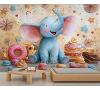 BEQUTIY Baby Elephant in Candy Land Wall Mural, Cute Fantasy Decor for Kids’ Room & Playroom, Large Removable Wallpaper 250x175cm (Not Self-Adhesive)