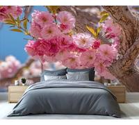 BEQUTIY Blossoming Cherry Tree Mural - Pink Floral Canopy & Spring Sky Wall Art for Living Room, Vibrant Sakura Season Wallpaper 250x175cm (Not Self-Adhesive)