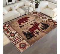 BEQUTIY Bohemia Carpet 90 x 150 cm, Grid Animals Bear Moose Red Area Rug, Brown Distressed Vintage Cottage Rug for Machine Washable Tear Resistance Rugs, for Kitchen Office Living Room