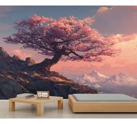 BEQUTIY Cherry Blossom Tree on Mountain Wall Mural, Serene Landscape Decor for Living Room & Bedroom, Large Removable Wallpaper 300x230cm (Not Self-Adhesive)