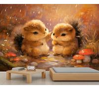 BEQUTIY Cute Chubby Squirrels in Autumn Rain Wall Mural Large Wall Decor for Kids Room/Living Room, Watercolor Forest Animal Art Decal 300x230cm (Not Self-Adhesive)