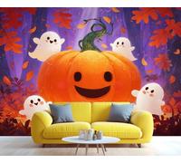 BEQUTIY Cute Halloween Pumpkin with Ghosts Mural, Whimsical Autumn Fall Leaves Forest Wall Art for Kids Room Nursery, Festive Halloween Home Decor Wall Mural 300x210cm (Not Self-Adhesive)