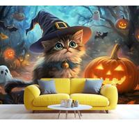 BEQUTIY Cute Halloween Witch Cat with Pumpkin Mural, Whimsical Ghost Bat Autumn Wall Art for Kids Room Nursery, Festive Halloween Home Decor Wall Mural 280x200cm (Not Self-Adhesive)
