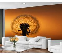 BEQUTIY Dandelion Silhouette Wall Mural, Warm Orange Sunset Background Wallpaper for Bedroom, Nature-Inspired Wall Art Decor 100x100cm (Not Self-Adhesive)