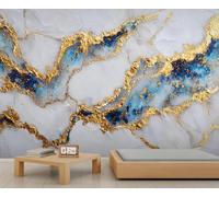 BEQUTIY Elegant White Blue & Gold Abstract Bedroom Wallpaper, Large-Scale Inspired Mural, Easy to Install Wall Decor for Modern Homes 350x250cm (Not Self-Adhesive)