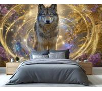 BEQUTIY Enchanted Magical Wolf Wall Mural - Fantasy Forest Spirit with Golden Auras Art for Bedroom, Living Room & Mythical Decor 250x175cm (Not Self-Adhesive)