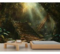 BEQUTIY Enchanting Jungle Ruins with Sunbeams Wall Mural, Ancient Step & Foliage Pattern, Inspiring Wall Decor for Bedroom Accent Wall 200x140cm (Not Self-Adhesive)