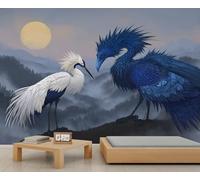 BEQUTIY Fantasy Birds Wall Mural, Moonlit Mountain Landscape Wallpaper, Mystical Decor for Living Room & Game Room 250x175cm (Not Self-Adhesive)
