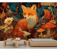 BEQUTIY Fantasy Fox in Floral Forest Mural, Colorful Wildlife & Fungi, Magical Wall Decor for Kids' Room & Study 250x175cm (Not Self-Adhesive)