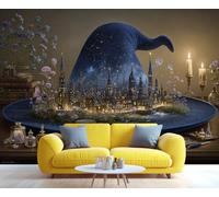 BEQUTIY Fantasy Wizard Hat with Magical Castle Mural, Whimsical Fairy Tale Wall Art for Living Room Bedroom, Immersive Magical World Home Decor Wall Mural 250x175cm (Not Self-Adhesive)