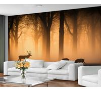 BEQUTIY Forest Wildlife Silhouette Wall Mural, Misty Golden Forest with Deer and Boars Wallpaper for Living Room, Nature-Themed Wall Art Decor 200x140cm (Not Self-Adhesive)