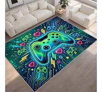 BEQUTIY Glowing Gamepad Area Rug （90 x 120 cm） 3D Neon Effect Gaming Carpet, Vibrant Blue & Green Video Game Floor Mat for Teenagers Den, Durable Low Pile Decorative Rug Washable