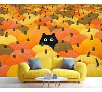 BEQUTIY Halloween Black Cat in Pumpkin Patch Mural, Whimsical Autumn Harvest Wall Art for Living Room Bedroom, Festive Halloween Home Decor Wall Mural 400x280cm (Not Self-Adhesive)