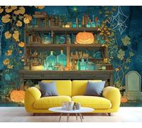 BEQUTIY Halloween Potion Bookcase Mural, Whimsical Gothic Apothecary with Pumpkins & Spider Webs Wall Art for Living Room Bedroom, Spooky Halloween Home Decor Wall Mural 400x280cm (Not Self-Adhesive)