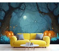 BEQUTIY Halloween Spooky Forest Mural with Glowing Pumpkins & Moon, Gothic Whimsical Dark Woods Wall Art for Living Room Bedroom, Scary Halloween Home Decor Wall Mural 350x250cm (Not Self-Adhesive)