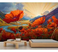 BEQUTIY Inspiring Red Poppy & Mountain Sunset Wall Mural, Scenic Artwork, Stylish Home Decoration for Living Space Entryway 250x175cm (Not Self-Adhesive)