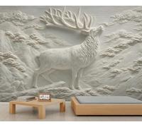 BEQUTIY Intricate 3D White Elk Wall Mural, Carved Wildlife Pattern, Chic Wall Decor for Bedroom Accent Wall 400x280cm (Not Self-Adhesive)