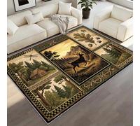 BEQUTIY Leaping Deer Area Rug, Forest Wildlife Collage Carpet with Cabin & Oak Leaf, Large Rustic Lodge Decor Floor Mat, Non-Slip Machine Washable Rug for Living Room （120 x 150 cm）