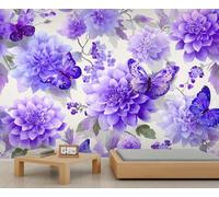 BEQUTIY Magical Purple Floral & Butterfly Wall Mural, Intricate Blossom Pattern, Romantic Wall Decor for Bedroom Accent Wall 100x100cm (Not Self-Adhesive)