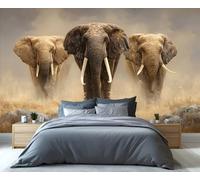 BEQUTIY Majestic African Elephant Herd Mural - Savannah Wildlife Landscape Wall Art for Living Room, Realistic Safari Animal Wallpaper 100x100cm (Not Self-Adhesive)