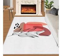 BEQUTIY Mid-Century Geometric Red Rug Nordic Red Checkered Small Rugs Black Line Plant Leaves 60x90 Rug White Carpet Machine Washable Non Slip Carpet for High-Traffic Area