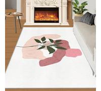 BEQUTIY Nordic Pink Rug Tropical Leaves Small Rugs Modern Geometric Pink For A Girl's Room 50x80 Rug Minimalist White Carpet Machine Washable Non Slip Carpet for High-Traffic Area