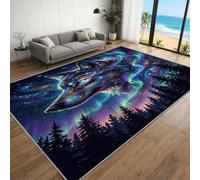 BEQUTIY Northern Lights Wolf Area Rug, Galaxy Starry Sky Forest Carpet 60 x 90 cm, Boy Wolf Pattern Decorative Rug for Machine Washable Mat Non Slip Rugs, for Doormat Kitchen Entrance