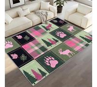 BEQUTIY Pink Carpet 60 x 90 cm, Pink Green & Black Plaid with Moose Area Rug, Bear & Pine Tree Design Colourful Woodland Rug for Machine Washable Mat Non Slip Rugs, for Doormat Kitchen Entrance